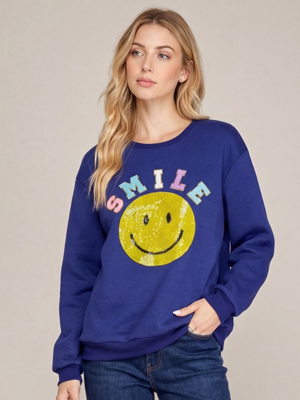 She + Sky R. Blue “Smile” Patch Long Sleeve Pullover